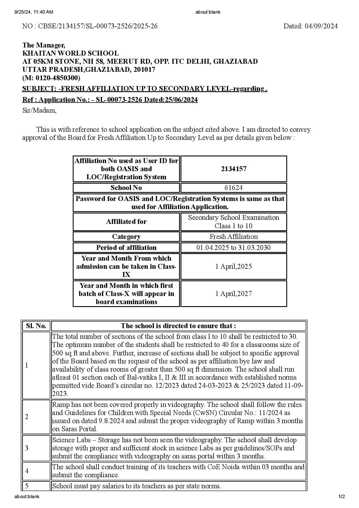 Affiliation / Upgradation Letter — page 1 of 2
