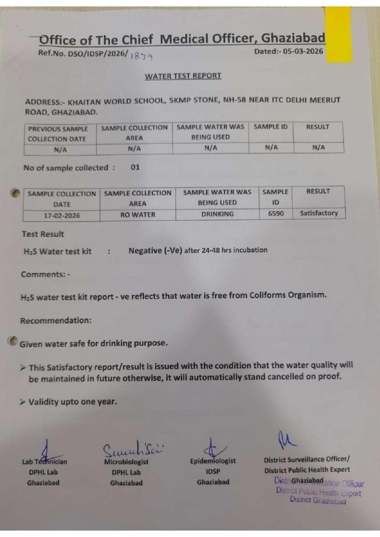 Water & Sanitation Certificate — page 1 of 2