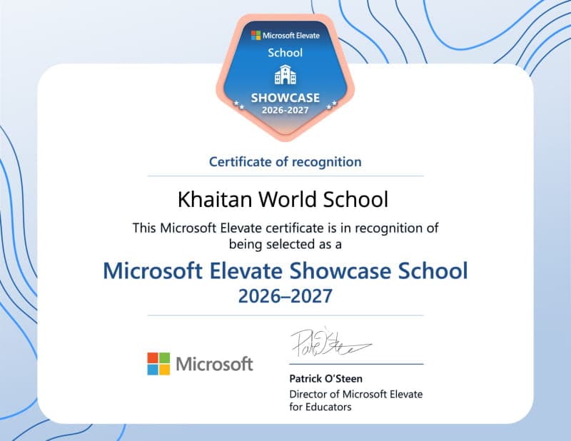 Microsoft Elevate certificate recognising Khaitan World School as a Microsoft Showcase School for 2026-27